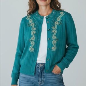 *Vintage Belldini Angora Embellished Button Cardigan Sweater M Green Gold Jewel